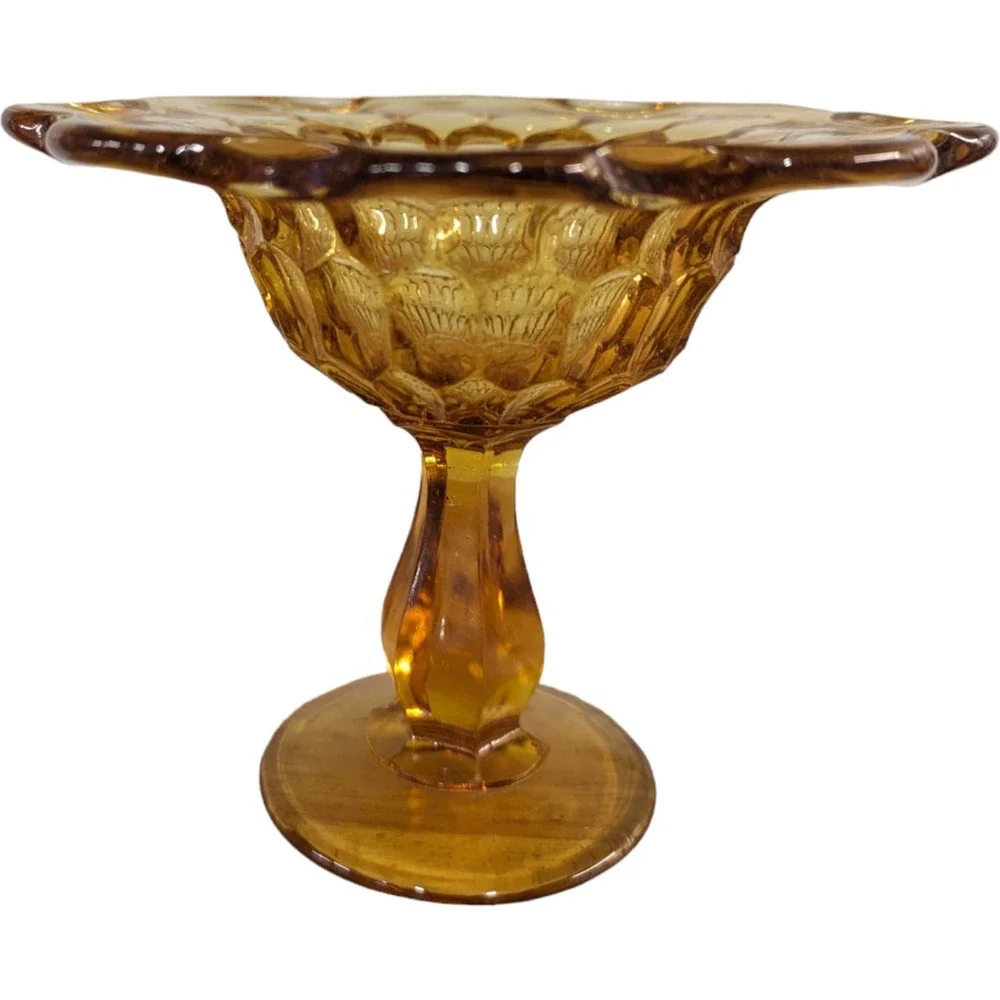 Vintage Amber Gold Fingerprint Glass Compote Dish Scalloped Pedestal Bowl